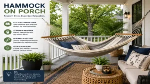 modern hammock on porch decorated with soft cushions, cozy lighting, and contemporary outdoor décor.