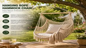 hanging rope hammock chair suspended from a tree in a peaceful garden for outdoor relaxation