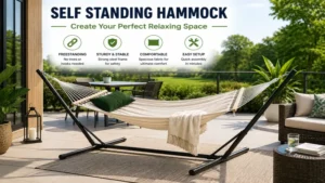 Self standing hammock on a modern patio providing a relaxing outdoor lounging area