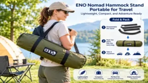 Traveler carrying the eno nomad hammock stand in its storage bag for an outdoor adventure