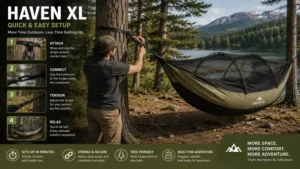 haven xl quick setup guide showing hammock installation between two trees