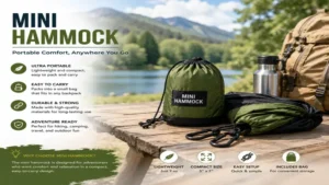 Portable mini hammock packed with outdoor gear for easy travel
