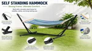 Self standing hammock featuring a durable steel frame for stability and long-lasting support