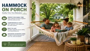family hammock on porch providing a relaxing place to read, unwind, and enjoy quality time together.