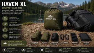 haven xl compact pack size with included accessories for backpacking and travel