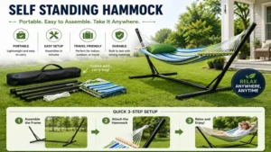 Portable self standing hammock with an easy setup design and convenient carry bag