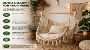 Stylish hanging rope hammock chair complementing a modern bohemian home decor theme