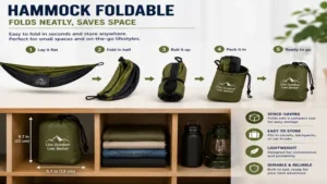 Hammock foldable folded neatly into a compact storage bag after use
