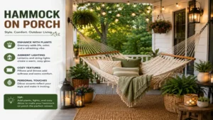 hammock on porch enhanced with plants, lanterns, pillows, and decorative accents for a welcoming atmosphere.