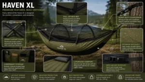 haven xl premium features including suspension system, bug net, storage pockets, and lay-flat design