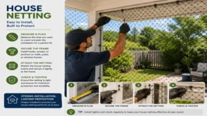 house netting installation showing secure attachment around a residential outdoor area