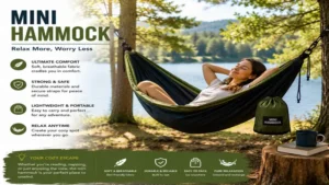 Person relaxing comfortably in a mini hammock beside a peaceful lake