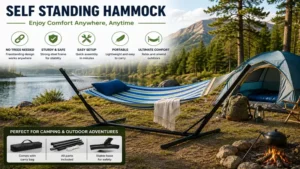 Self standing hammock at a campsite offering comfortable outdoor relaxation anywhere