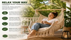Woman relaxing comfortably in a hanging rope hammock chair on a sunny porch with natural surroundings