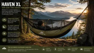 haven xl overview showing the complete lay-flat hammock camping system with key features