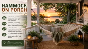 relaxing hammock on porch overlooking a peaceful outdoor view for the ultimate backyard relaxation experience.