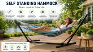 Person relaxing in a self standing hammock while enjoying a peaceful outdoor setting