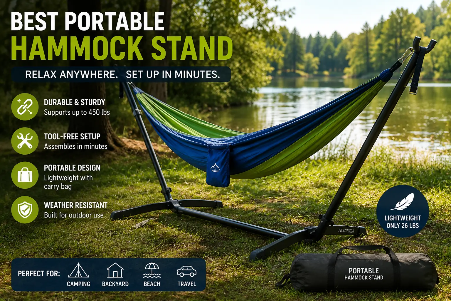 Best portable hammock stand set up beside a lake with a lightweight frame and colorful hammock for outdoor relaxation