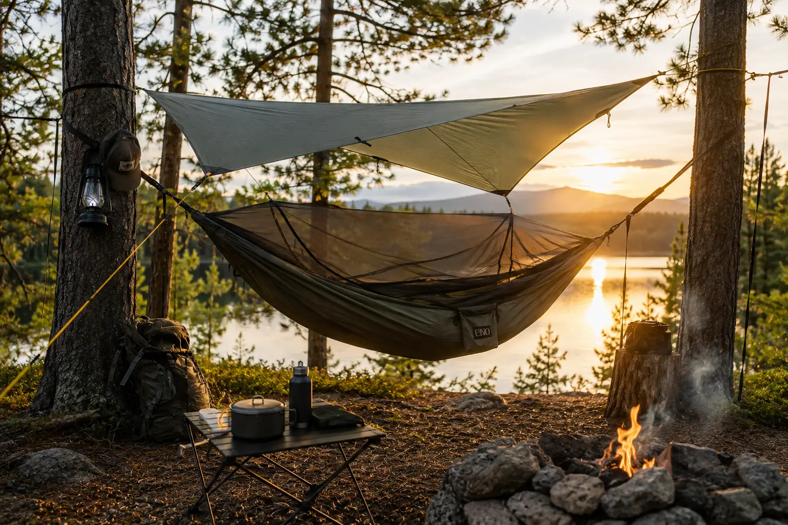 Hammock camping setup with a suspended hammock, rainfly, bug net, backpack, and camp gear beside a lake