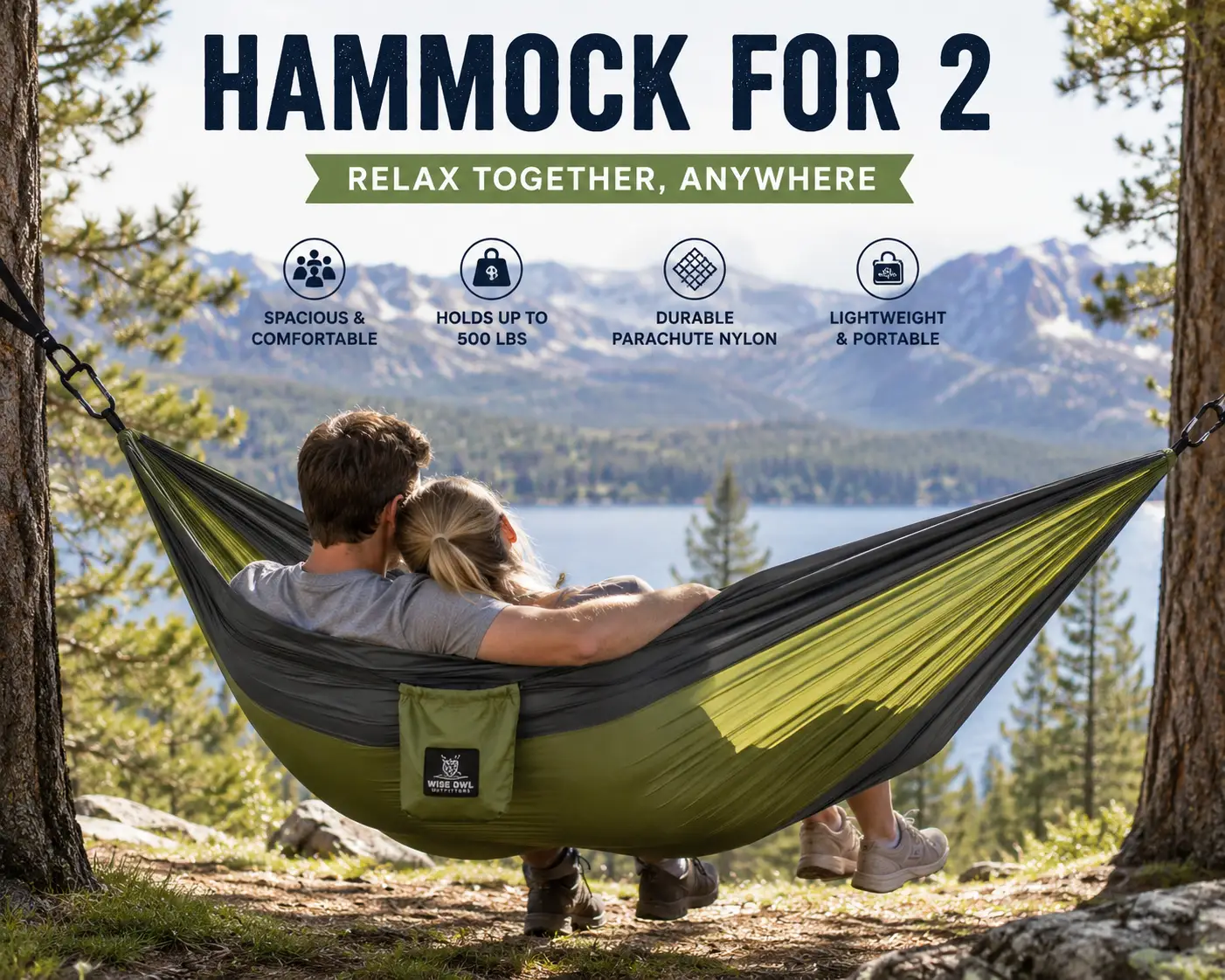 Hammock for 2 with a couple relaxing together between trees overlooking a scenic mountain lake