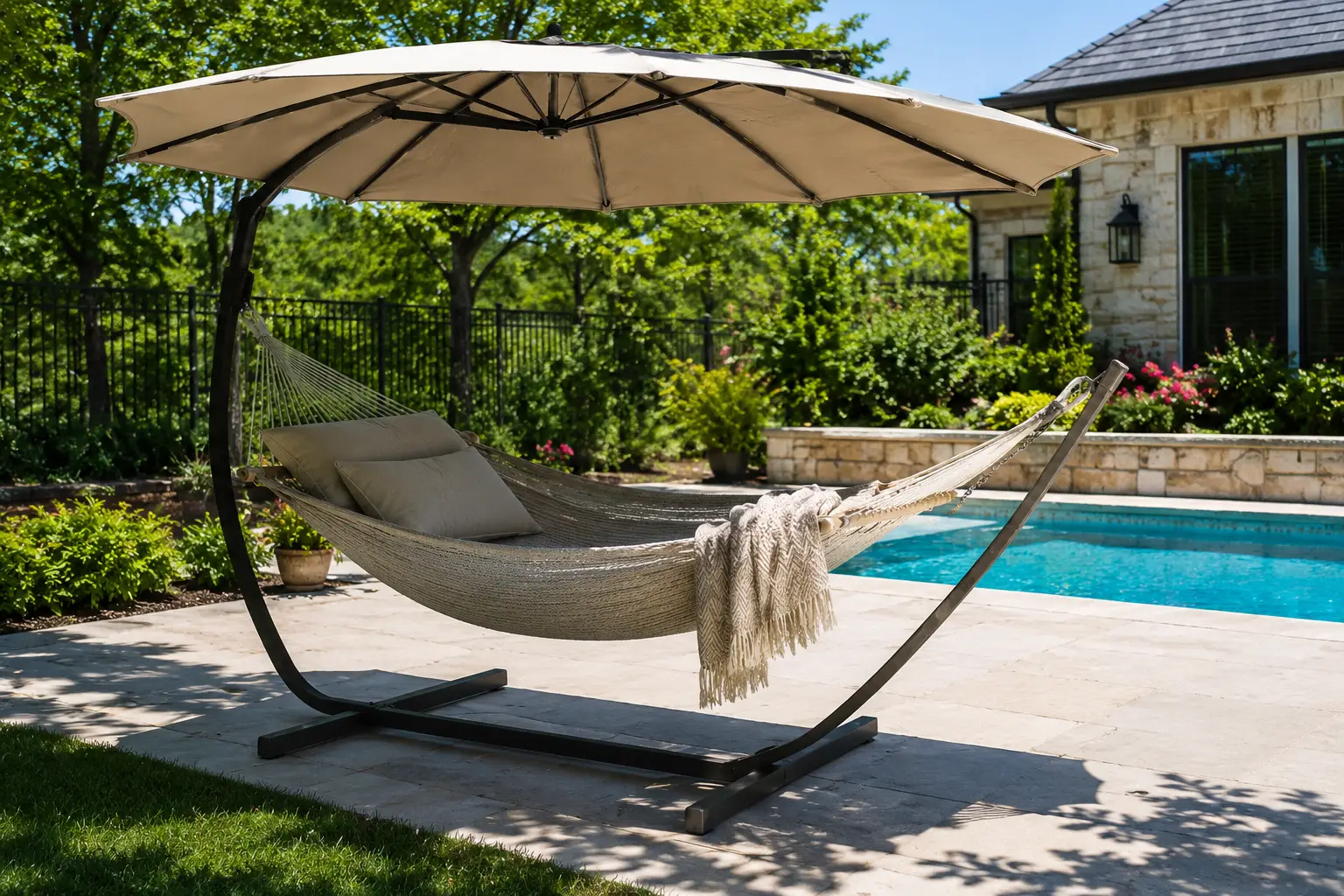 Hammock with umbrella beside a swimming pool in a sunny backyard