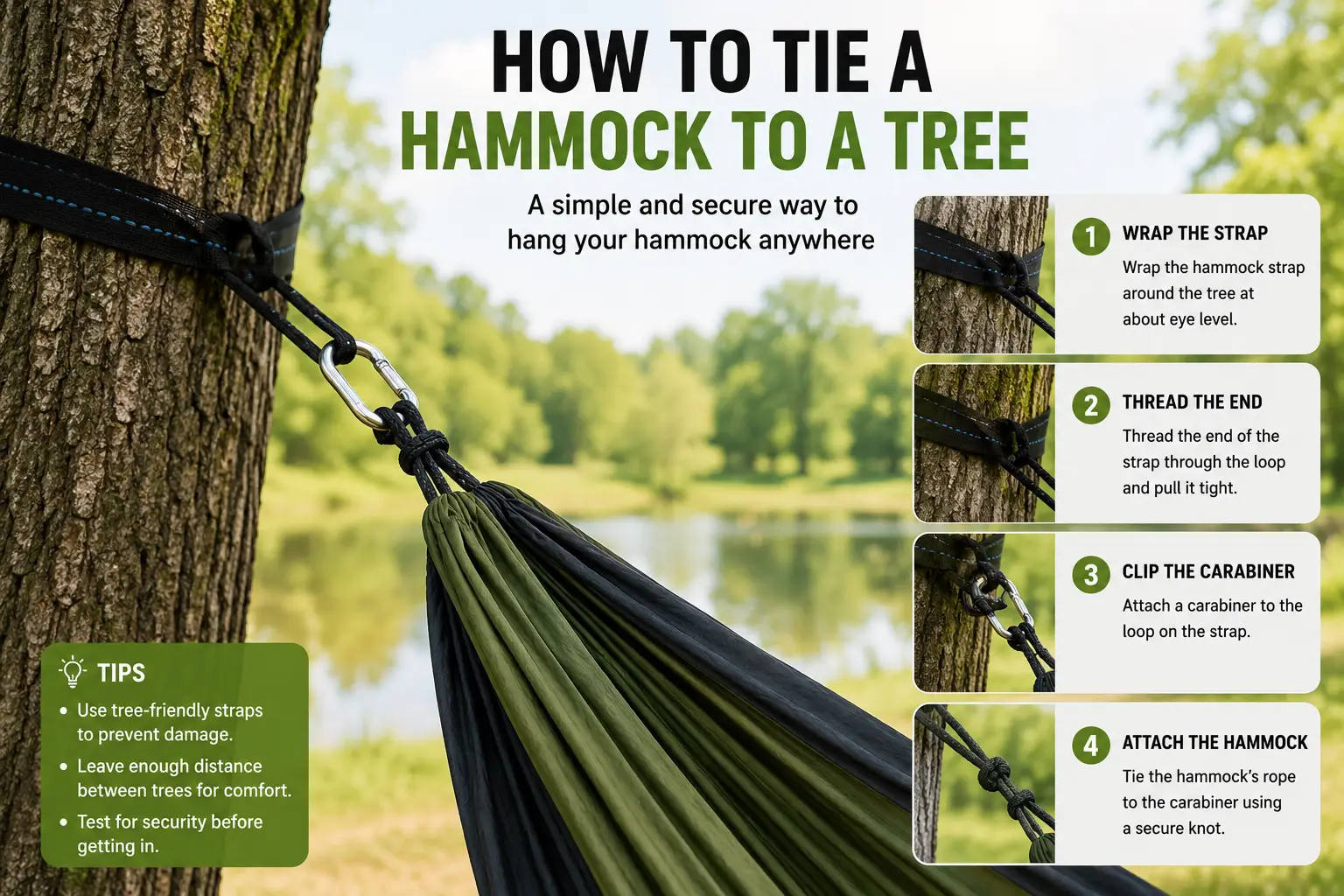 How to tie a hammock to a tree using a tree-friendly strap, carabiner, and secure hammock attachment