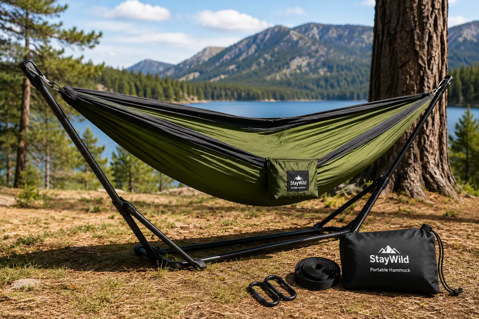 Portable folding hammock with a compact stand and carry bag beside a scenic mountain lake
