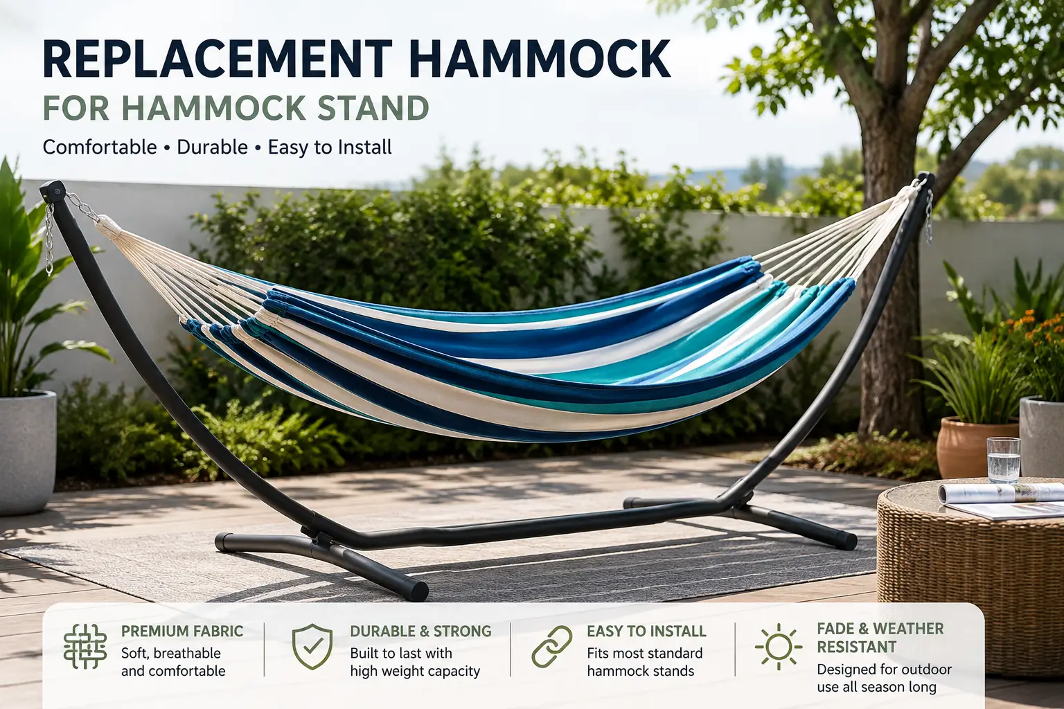 Replacement hammock for hammock stand featuring a durable striped fabric hammock in a sunny outdoor patio