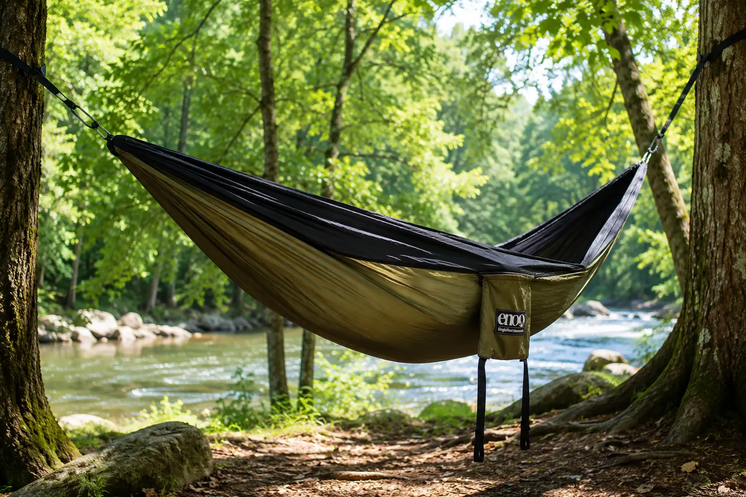 singlenest hammock suspended between trees beside a peaceful lake in a scenic forest campsite