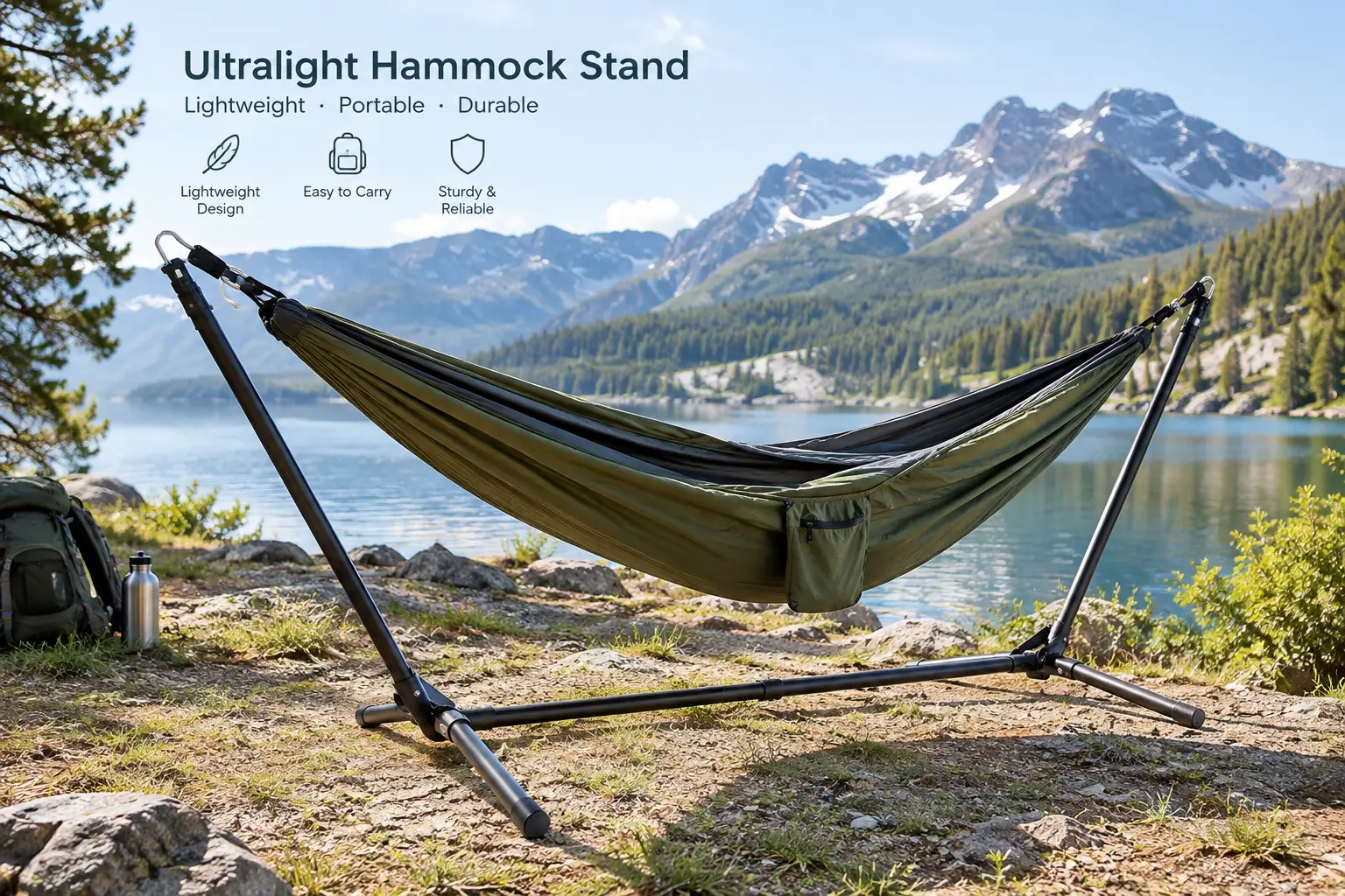 Ultralight hammock stand supporting a portable hammock beside a scenic mountain lake