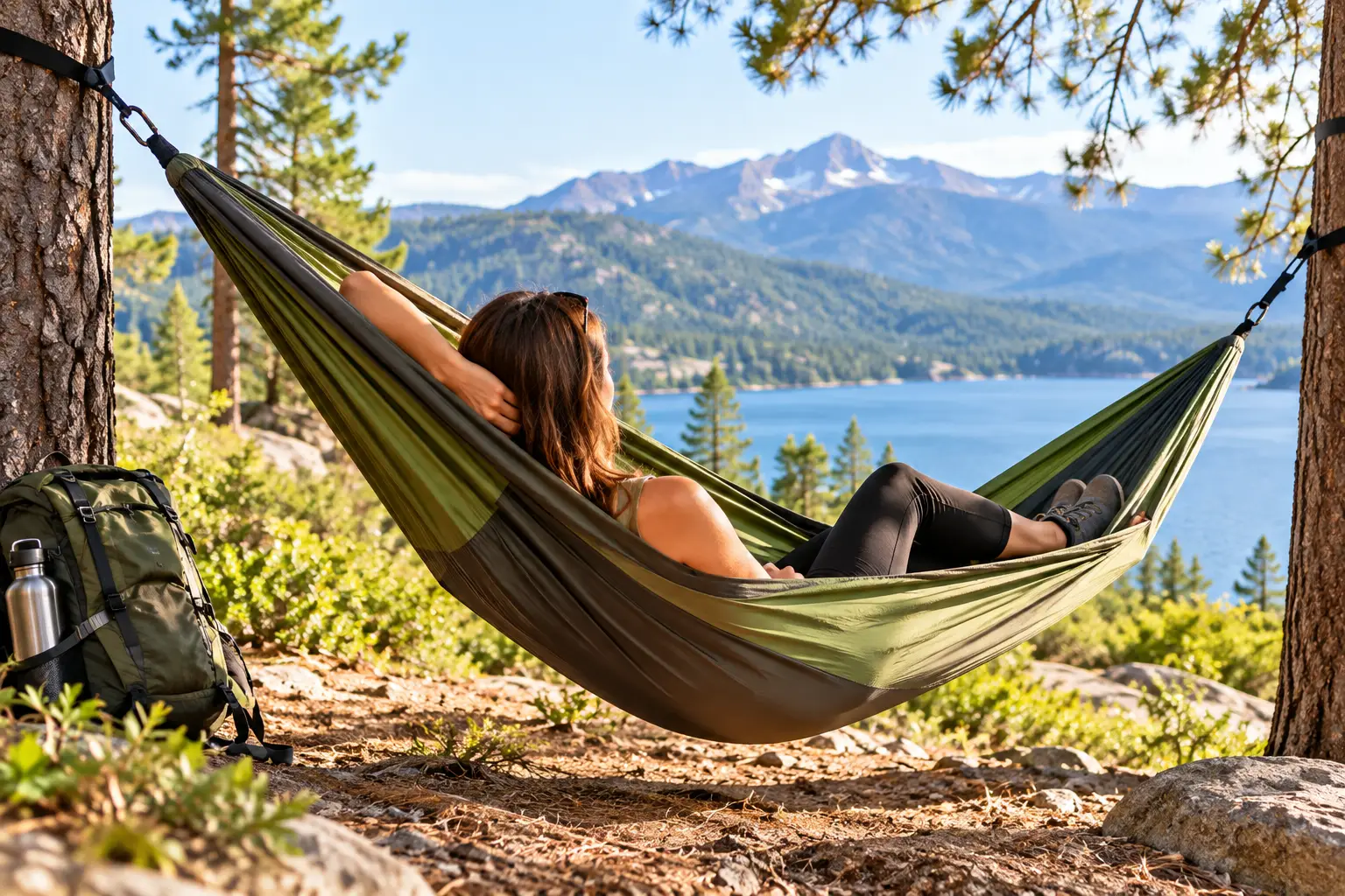 1 person hammock suspended between trees overlooking a peaceful mountain lake