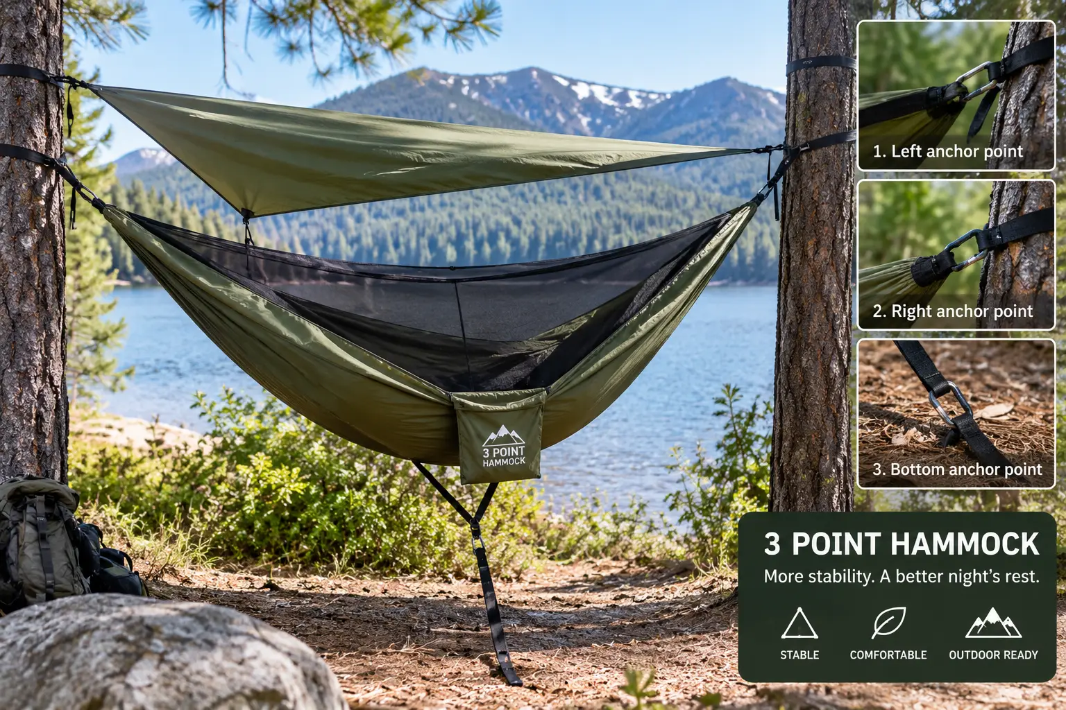 Three point hammock with rainfly secured between trees beside a mountain lake