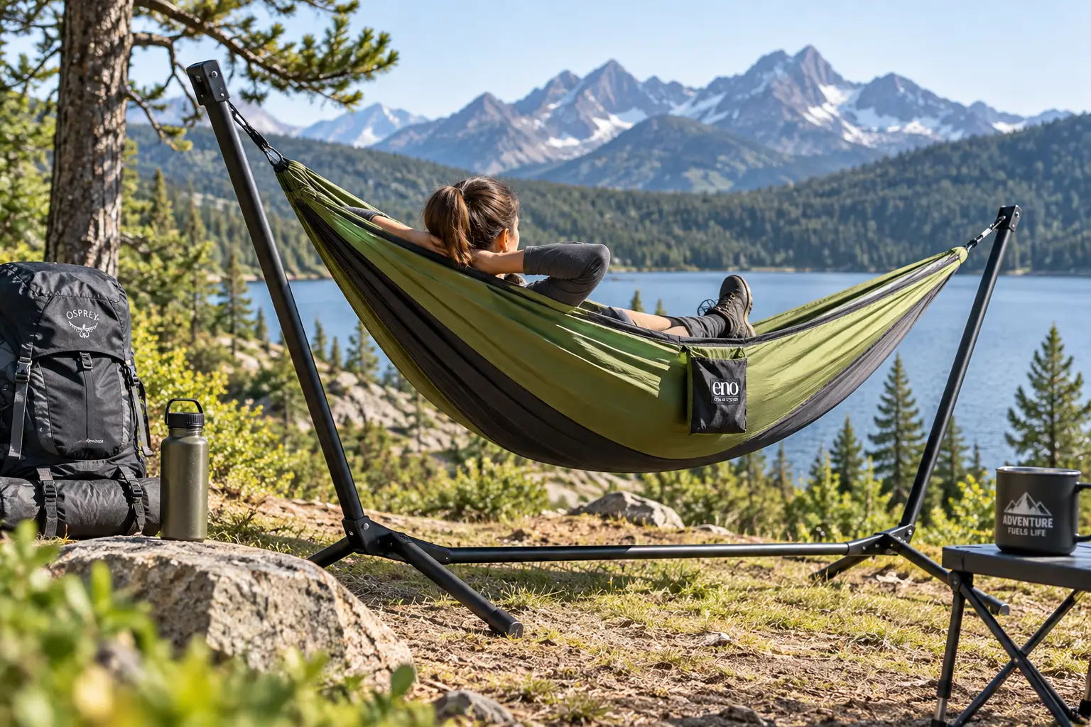 Portable backpacking hammock stand set up beside a mountain lake with camping gear