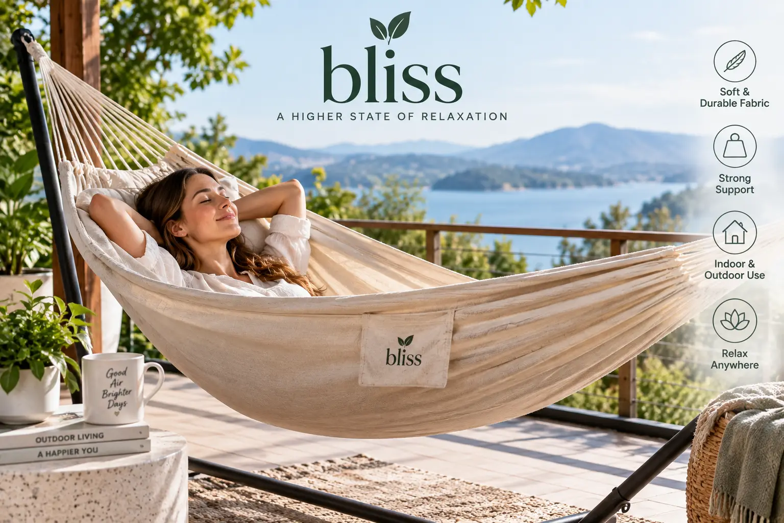 Bliss hammock in a soft cream fabric, with a woman relaxing on a sunny outdoor deck overlooking a peaceful lake and mountains.