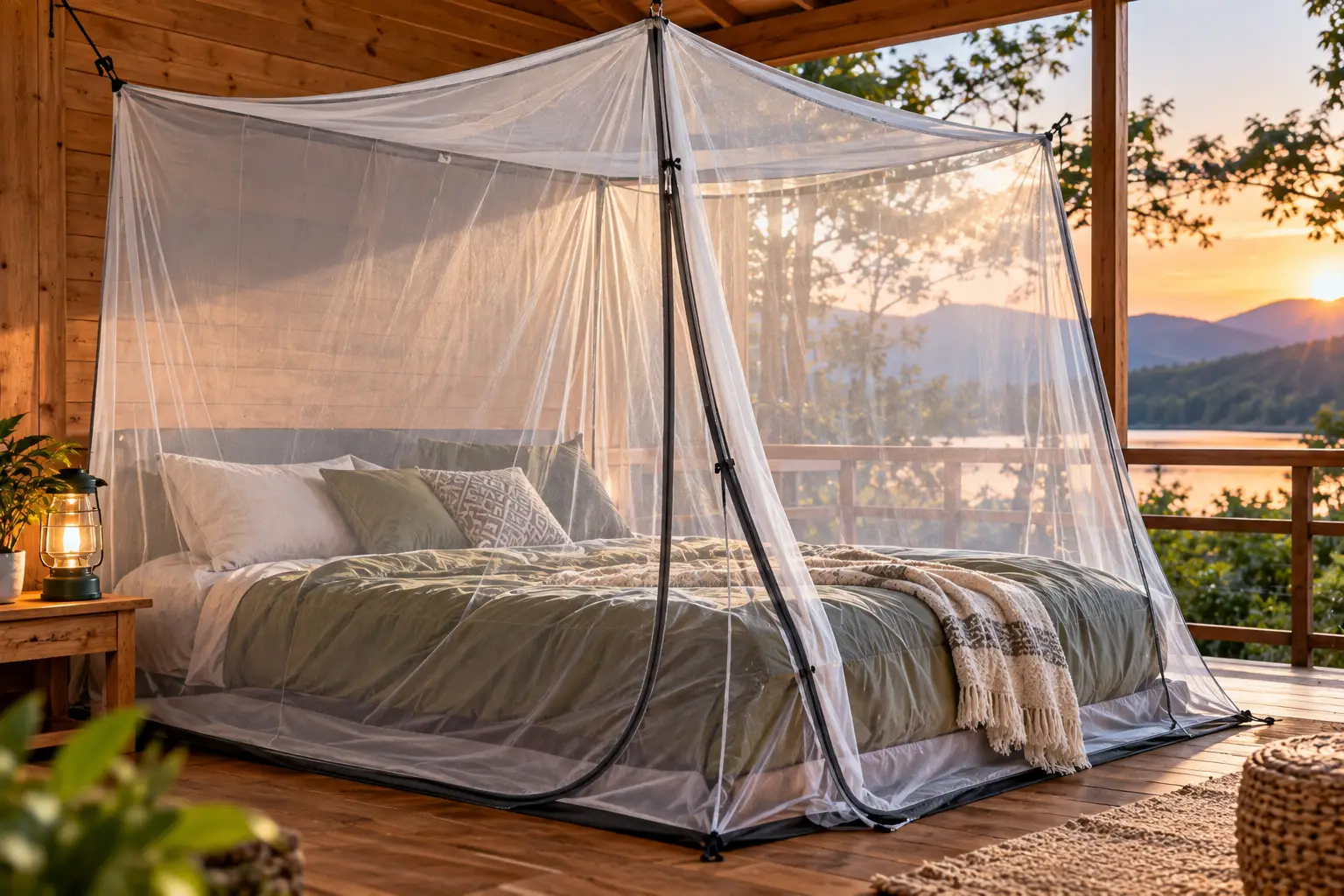 Bug net for sleeping surrounding a comfortable bed on a wooden cabin veranda at sunset