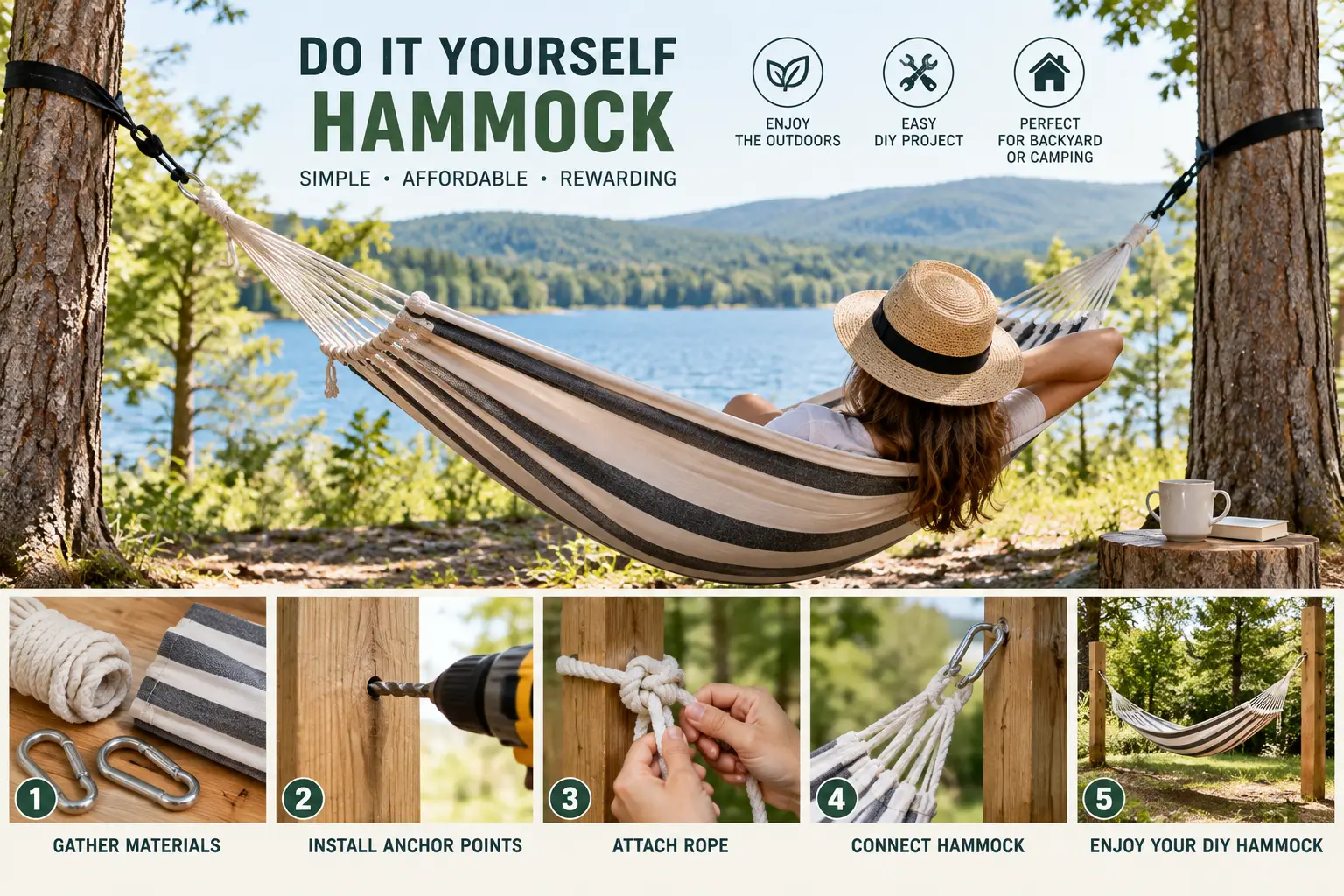 Do it yourself hammock project showing a striped hammock installed between trees beside a lake