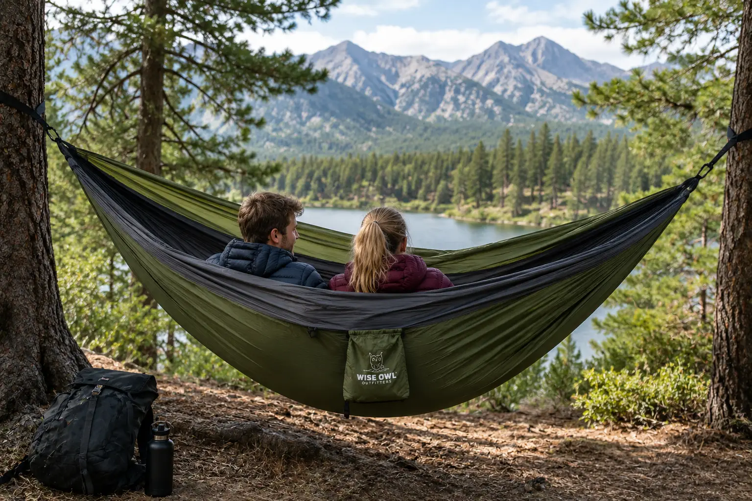 Double camping hammock suspended between pine trees with two people relaxing beside a mountain lake