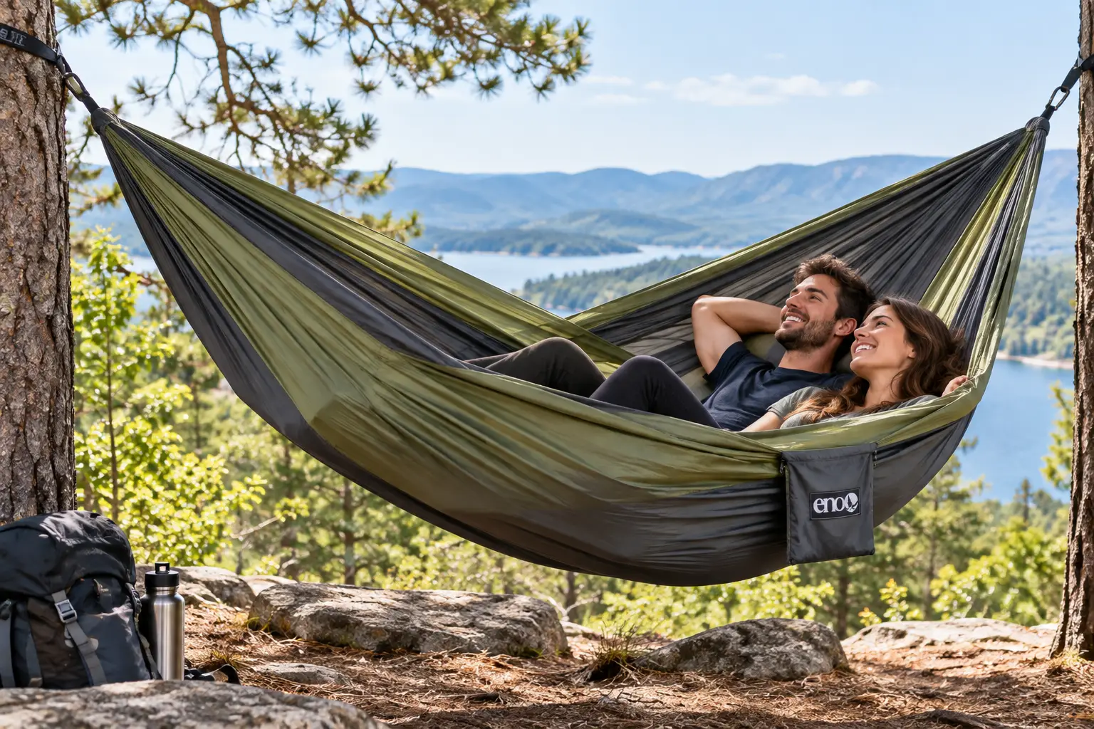 Double nest hammock comfortably holding two people between trees at a scenic lakeside mountain campsite