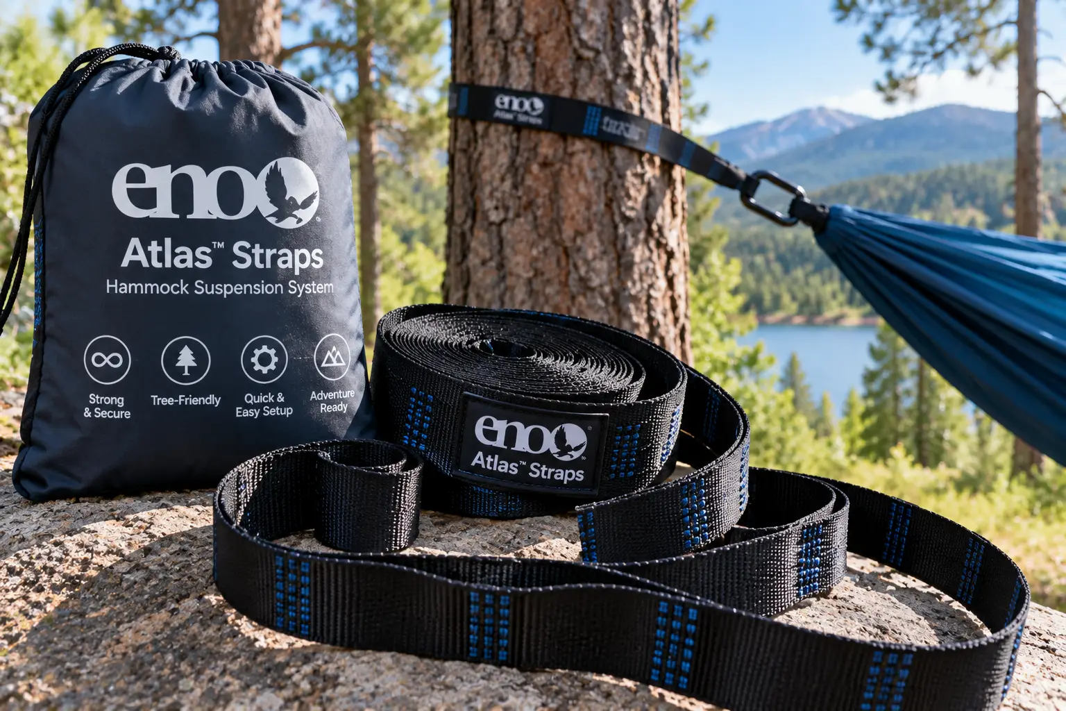 ENO Atlas straps hammock suspension system with adjustable tree-friendly straps beside a blue hammock