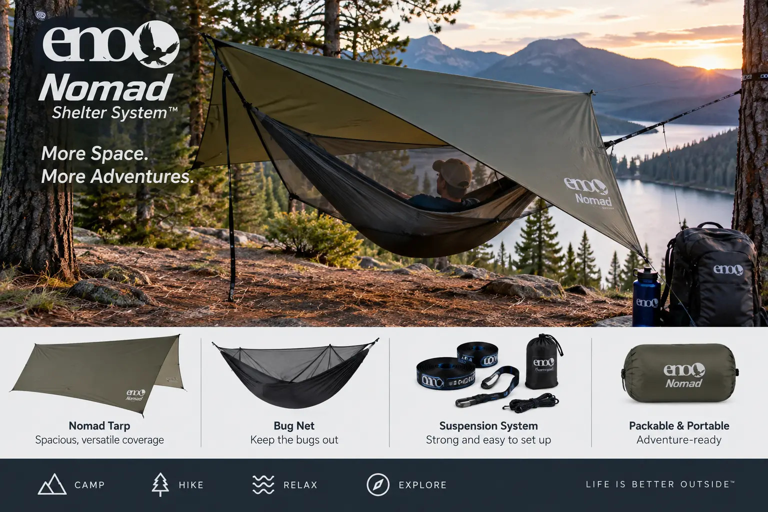 ENO Nomad Shelter System with hammock, tarp, bug net, and suspension gear at a scenic campsite