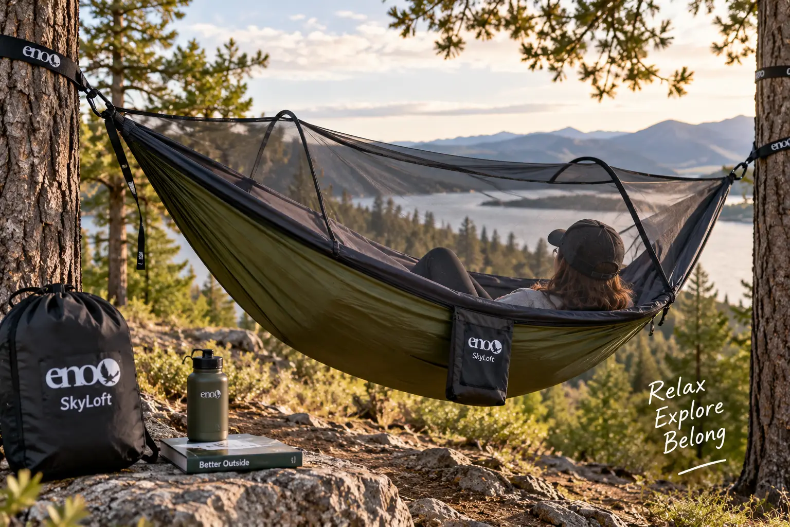 ENO SkyLoft hammock with integrated bug net suspended between trees overlooking a mountain lake