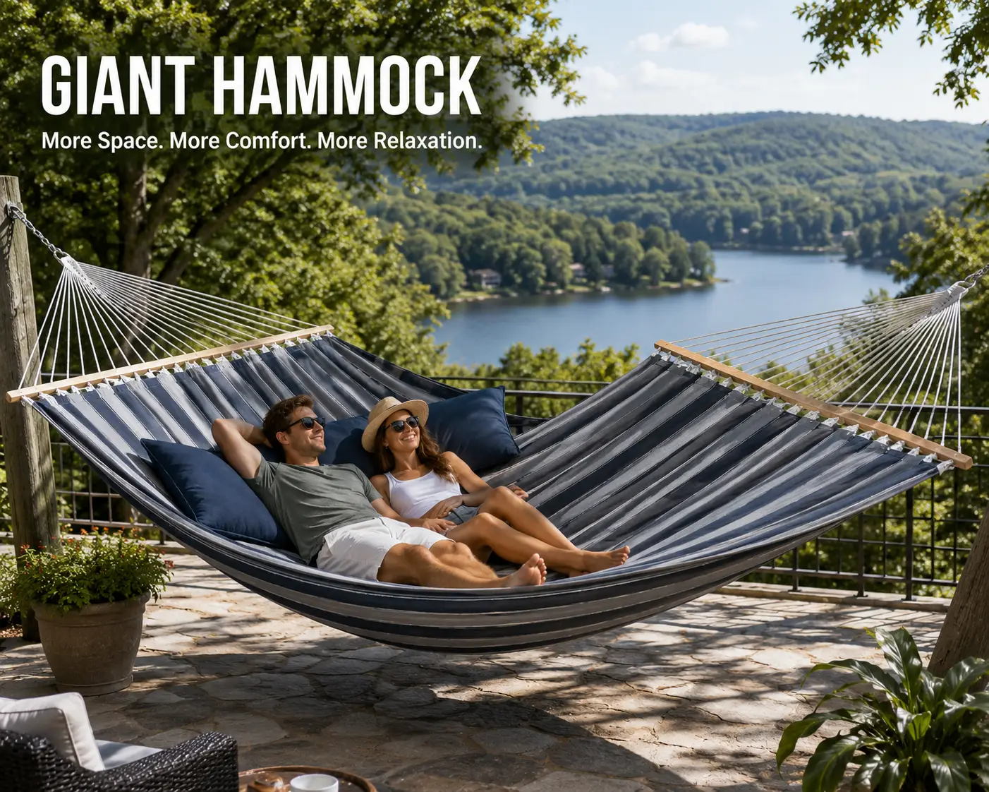 Giant hammock with spacious design and comfortable seating overlooking a scenic lake