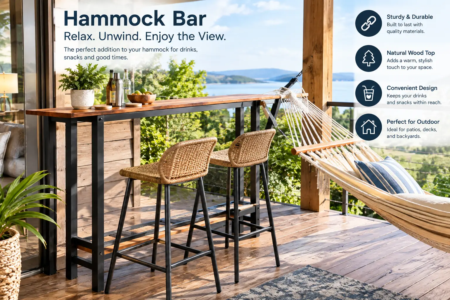 hammock bar with a wooden countertop and woven hammock on a sunlit outdoor patio overlooking the water