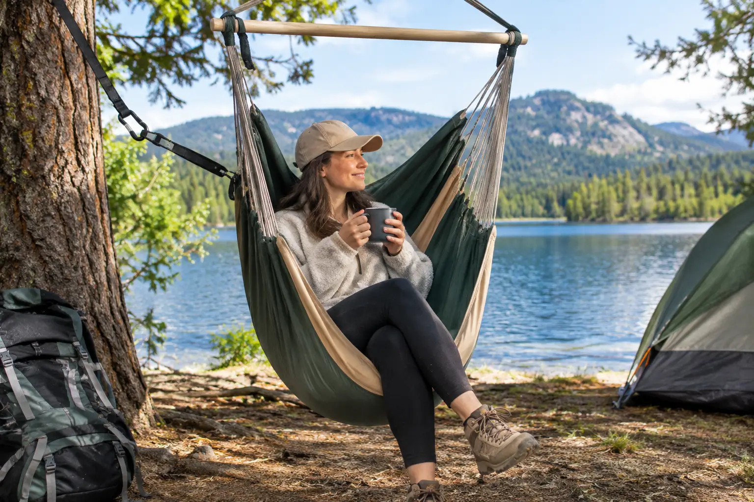 Hammock chairs for camping beside a scenic lake with a comfortable outdoor setup