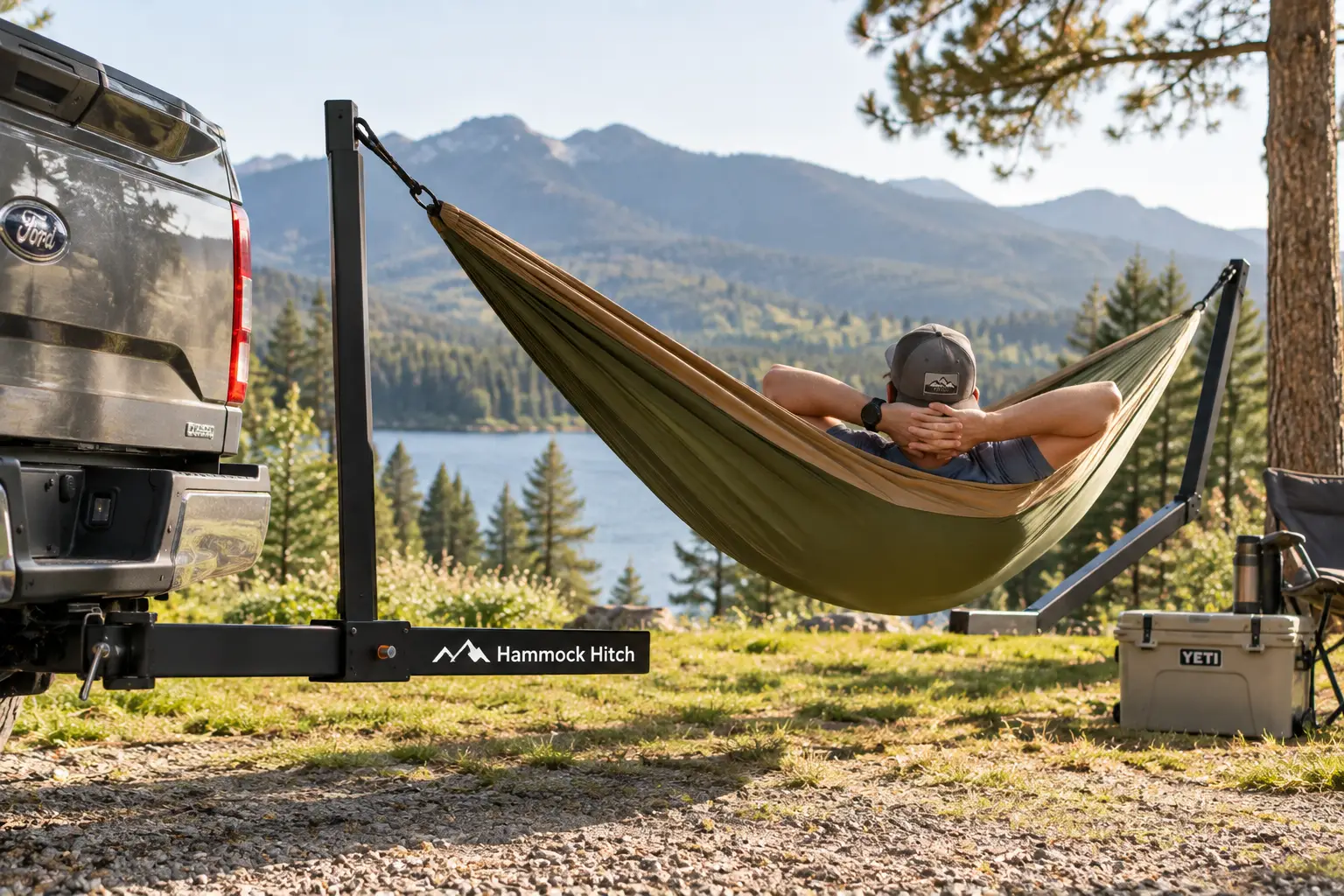 Hammock hitch stand attached to a pickup truck supporting a portable hammock at a lakeside campsite