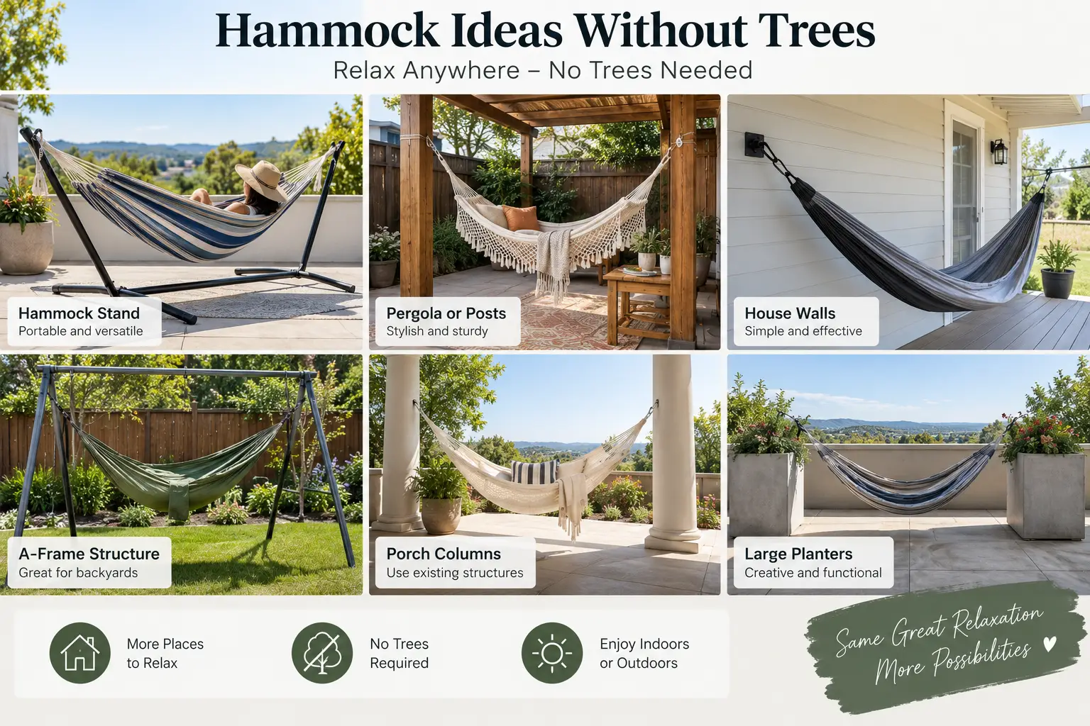 Hammock ideas without trees using stands, pergolas, porch columns, house walls, and other supports