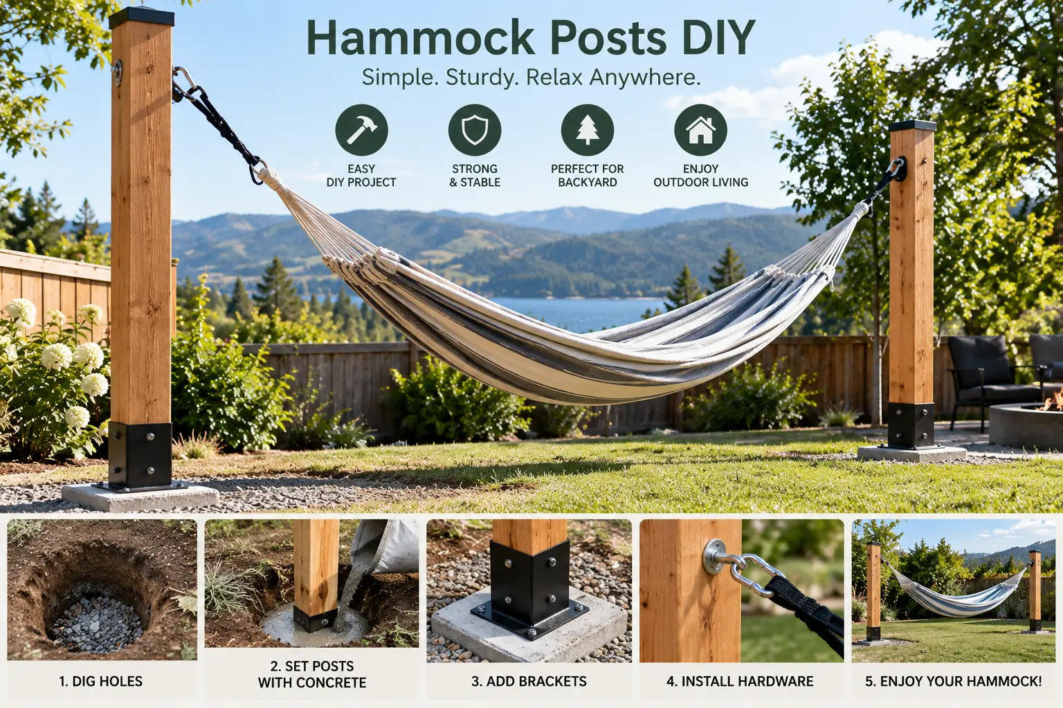 Hammock posts DIY project showing a striped hammock secured between sturdy wooden posts in a backyard