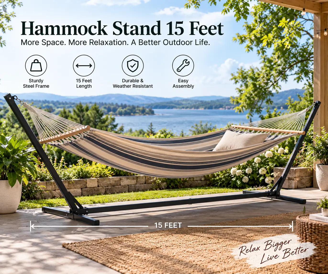 Hammock stand 15 feet long with a spacious striped hammock on a sunny outdoor patio overlooking a lake
