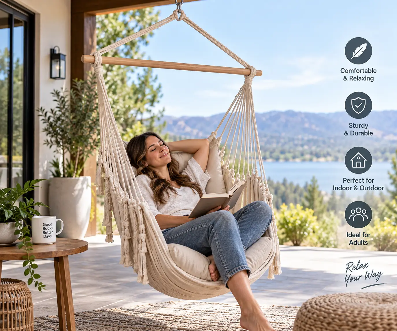Hammock swing for adults with a comfortable woven seat on a relaxing covered patio