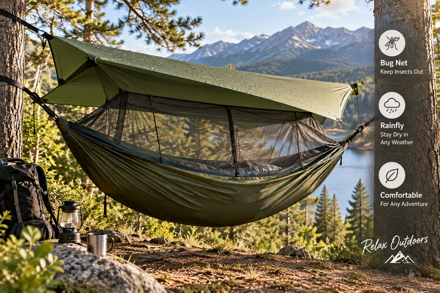Hammock with bug net and rainfly suspended between trees beside a scenic mountain lake